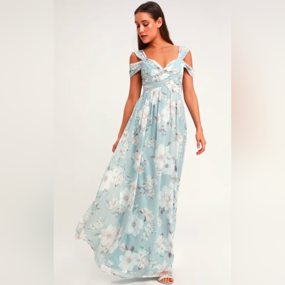 NWT Lulus Make Me Move Blue Floral Maxi Dress Sz.L Wedding Bridesmaid Feminine